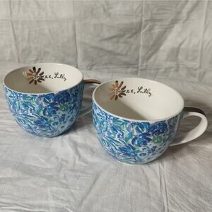 Lilly Pulitzer Floral Cat Mug Blue Flowers Cup Gold Handle Ceramic Coffee Tea